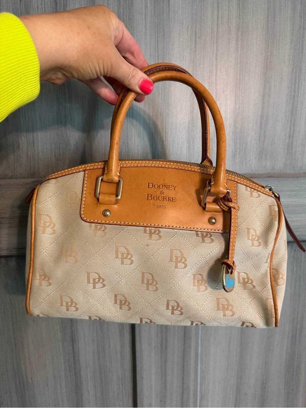 Dooney & Bourke Beige Satchel with Tan Leather Trim